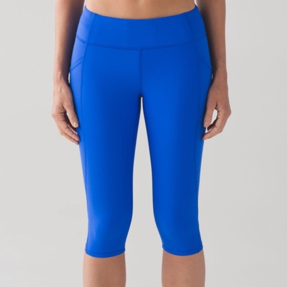 Lululemon Tight Stuff Crop Leggings Reflective with Side Pockets Cerulean Blue - Picture 3 of 12